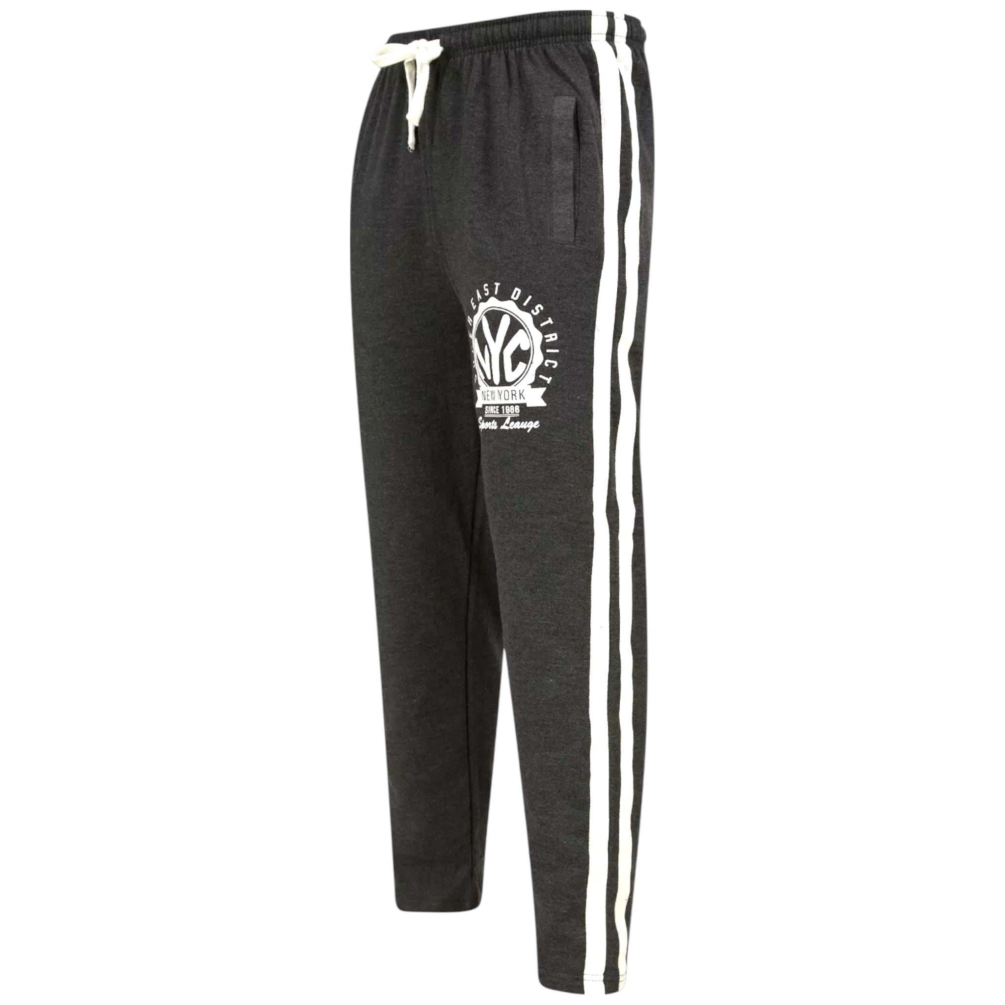 Men's charcoal joggers with NYC logo, Super East District print, elasticated waist with white drawstring, side stripe detail, casual loungewear trousers
